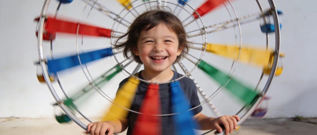 enfant souriant faisant tourner une grande roue colorée